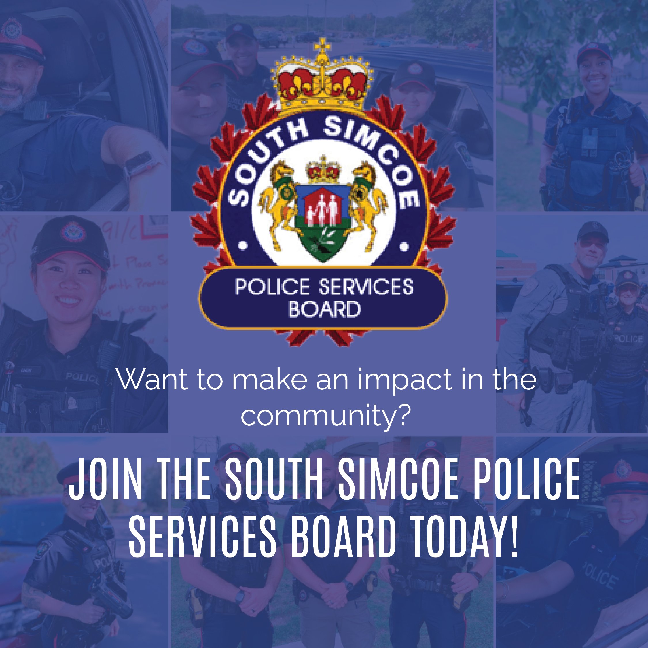 Image of different South Simcoe Police members with South Simcoe Police Services crest and logo