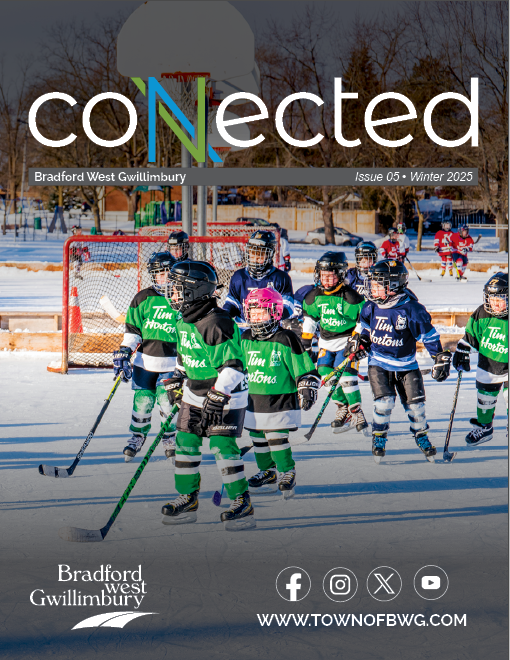 Winter 2025 Connected cover photo featuring u7 BWG Hockey players on Hockey day in BWG