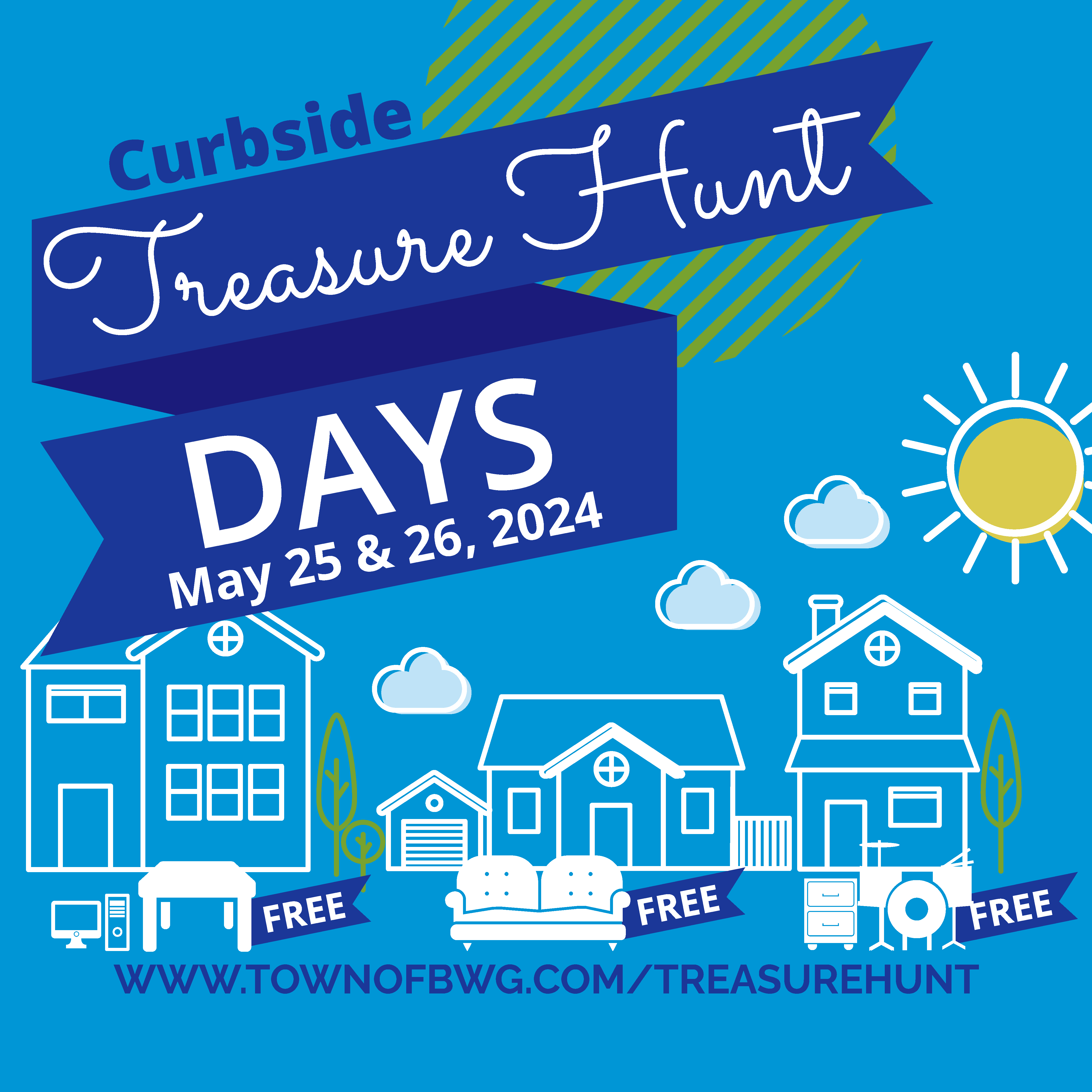 Curbside Treasure Hunt Days event banner, reading "Curbside Treasure Hunt Days" and illustration in the background showcasing items labelled "free" in front of homes