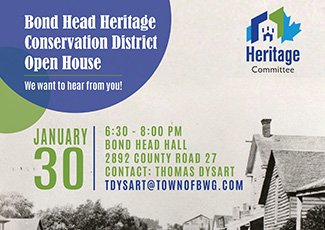 Graphic with Bond Head Heritage Building promoting upcoming open house