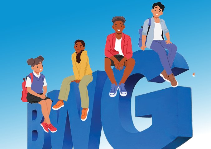 Graphic of teens sitting on BWG sign