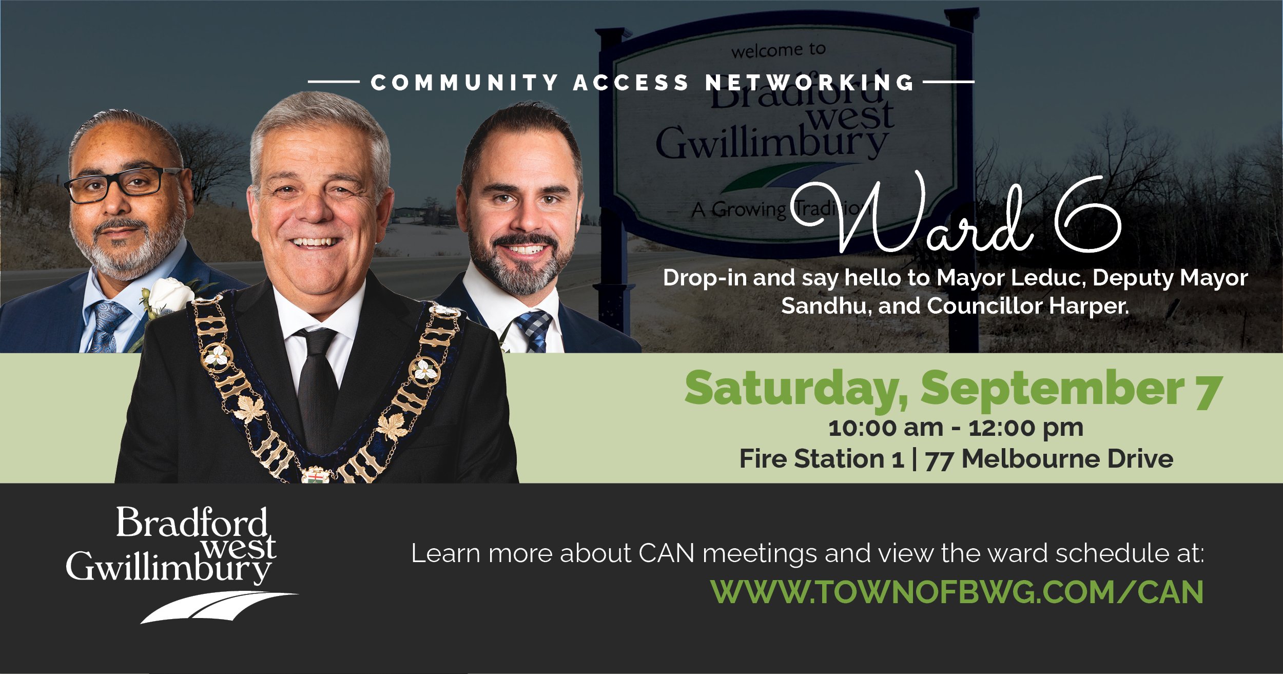 Mayor James Leduc, Deputy Mayor Sandhu, and  Councillor Duhaney's CAN Meeting poster that reads "Next Meeting Ward 1 Drop-in and say hello to Mayor Leduc, Deputy Mayor Sandhu, and Councillor Harper. Saturday, September 7 from 10 am to 12 pm at the Fire Station 1 on 77 Melbourne Drive