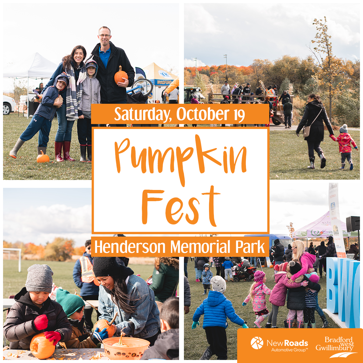 Collage of kids and families having fun at pumpkin fest with orange pumpkins and fall clothes