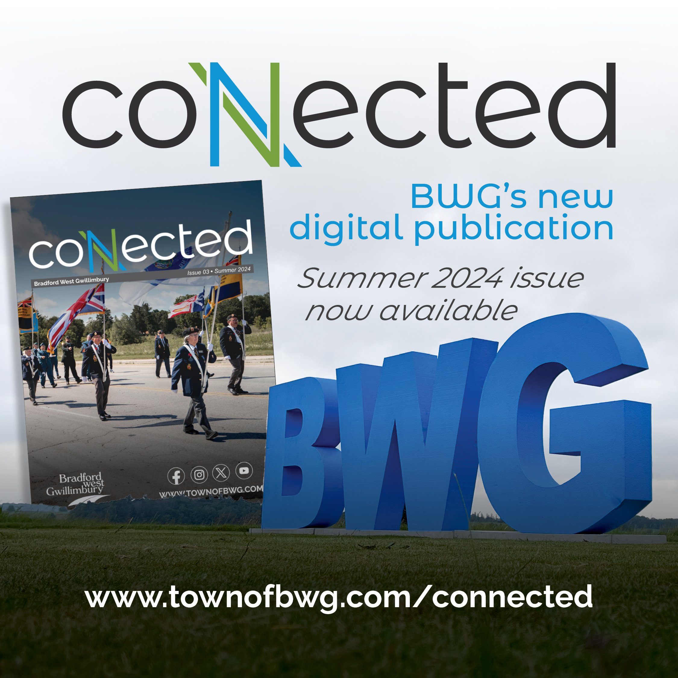 Town of BWG sign with Connected Summer 2024 edition cover