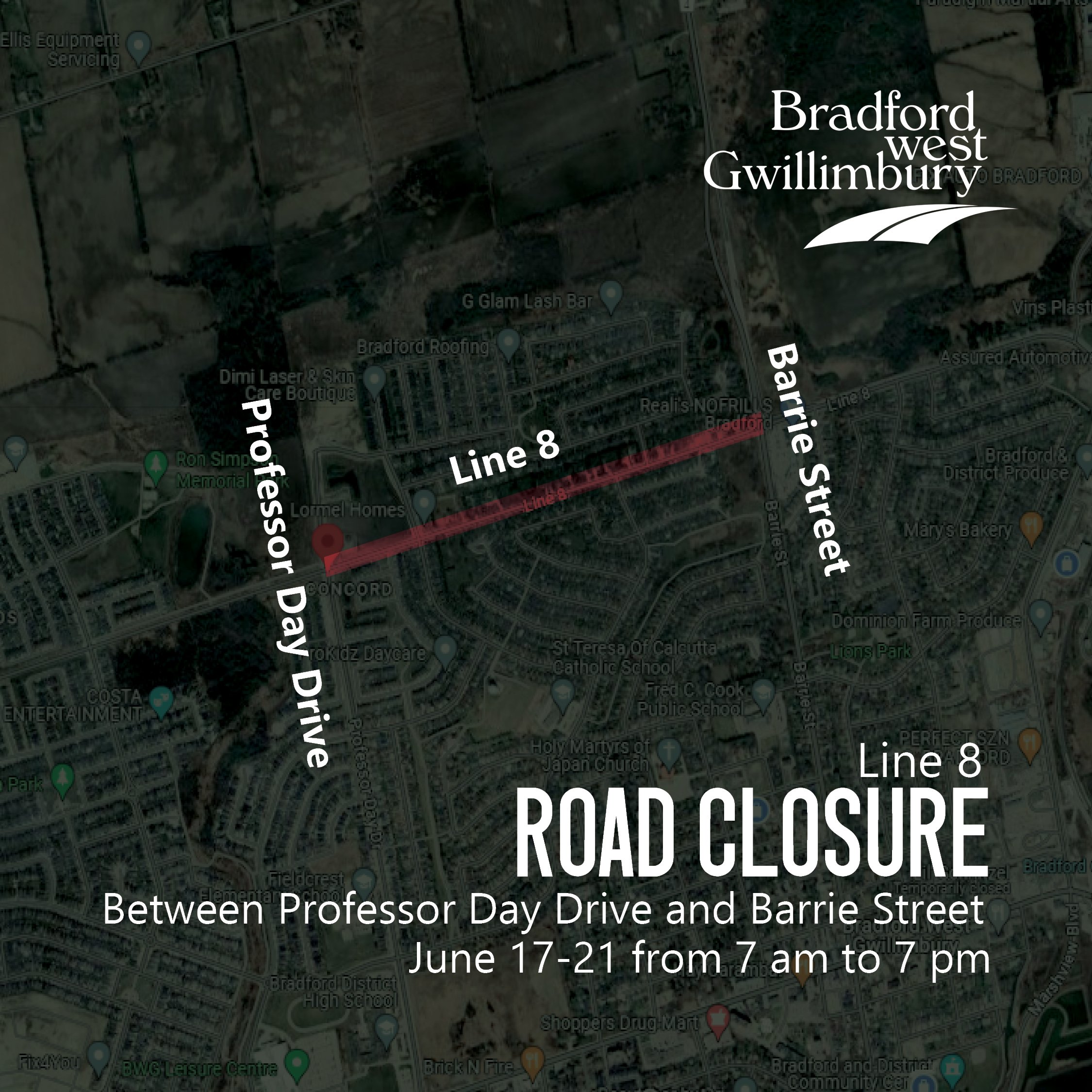 Graphic showing closure on Line 8 between Professor Day Drive and Barrie Street