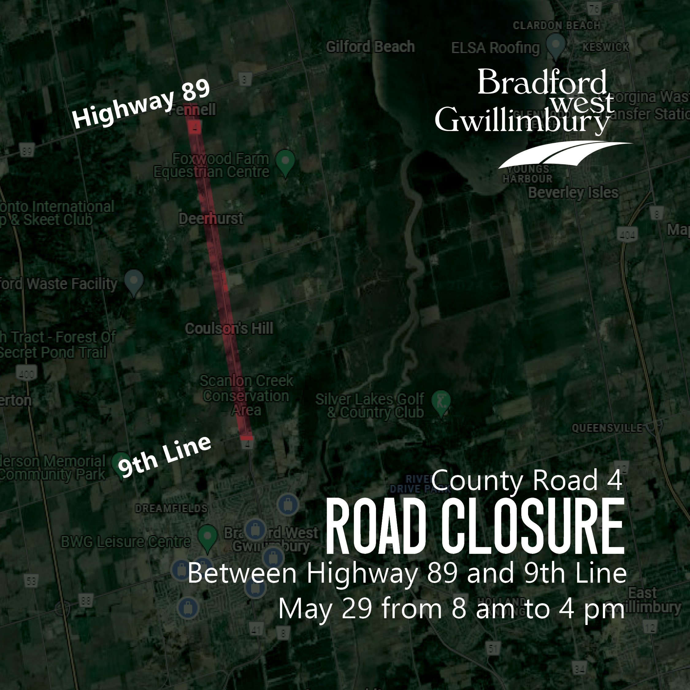 Graphic highlighting area of road closure
