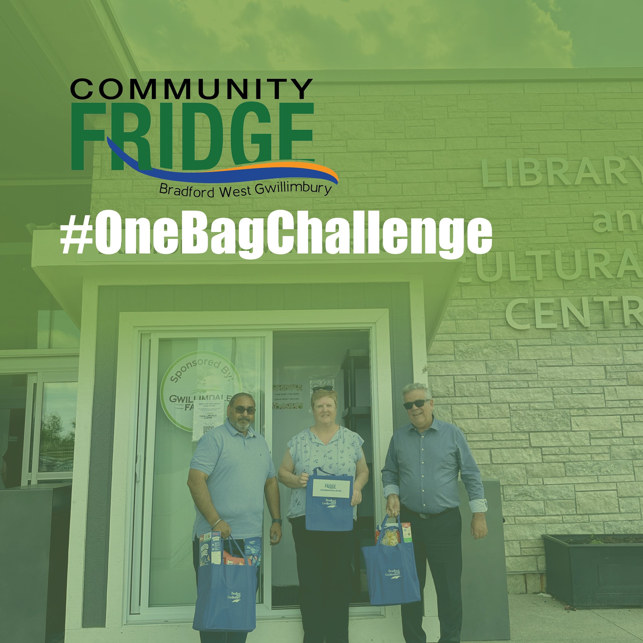 Image of Mayor Leduc and Deputy Mayor Sandhu with community volunteer for the BWG fridge with bags of food outside of the community fridge