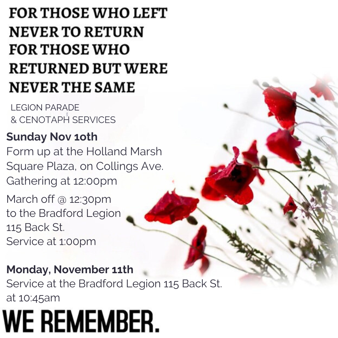 Bradford Legion Remembrance Day graphic inviting the public to the Legion Parade and Cenotaph Service on Saturday November 11 